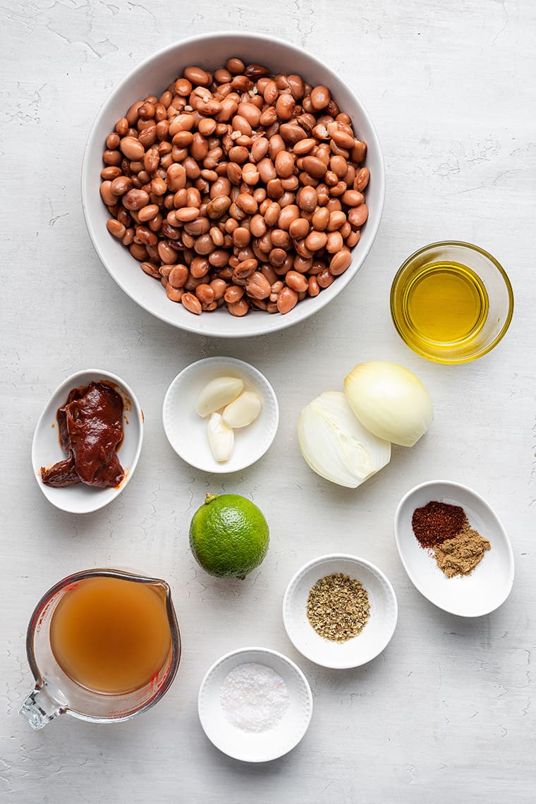 Overhead view of ingredients for vegetarian refried beans