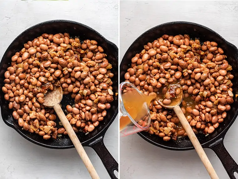 Side by side photos showing beans in skillet and broth being poured into beans