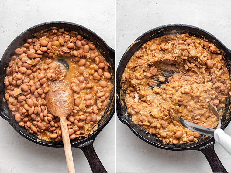 Side by side photos showing refried beans before and after mashing