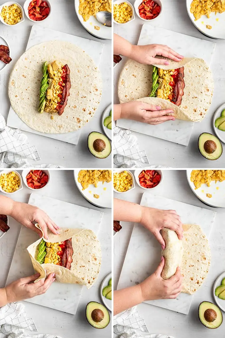 A gallery with the first picture being a tortilla filled with eggs, bacon, avocado, and veggies; the second image being hands folding in the edges of the tortilla; the third image being hands rolling up the bottom of the tortilla; and the fourth image of hands finishing rolling the burrito