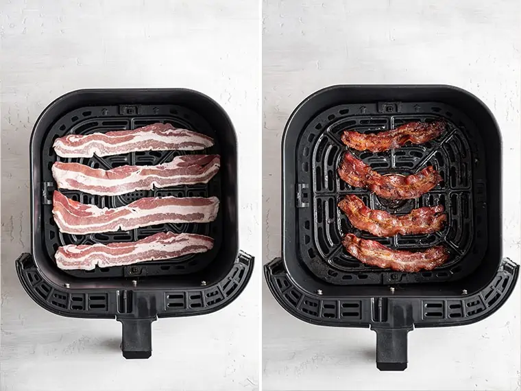 Uncooked bacon in an air fryer basket next to cooked bacon in an air fryer basket