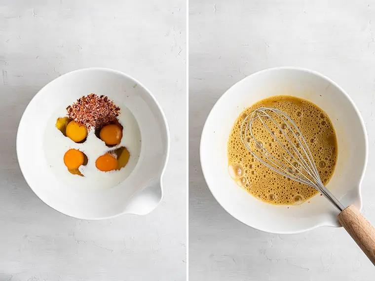 A bowl with eggs, milk, soy sauce, and chili flakes, next to a bowl with those ingredients whisked together, and a whisk sticking out