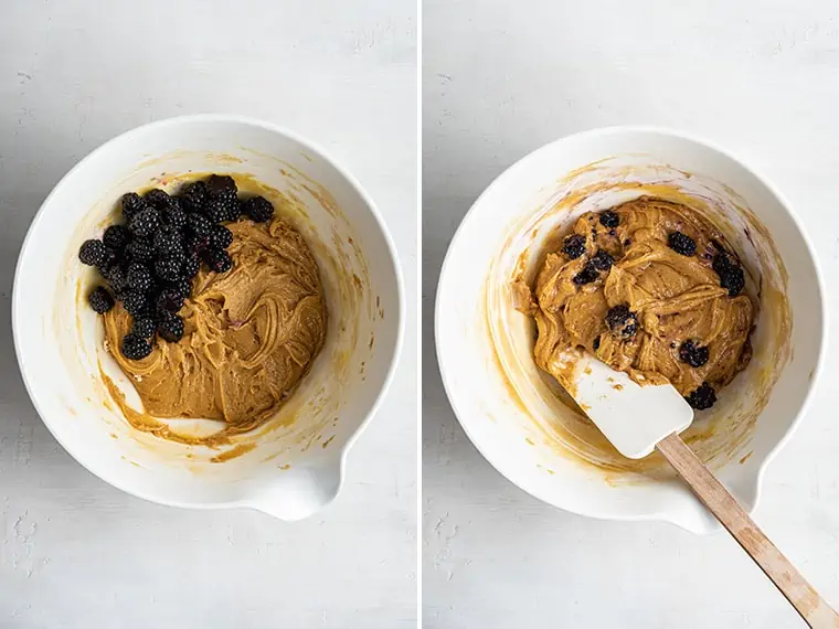 Side-by-side photos of blackberry cookie batter before and after folding in berries