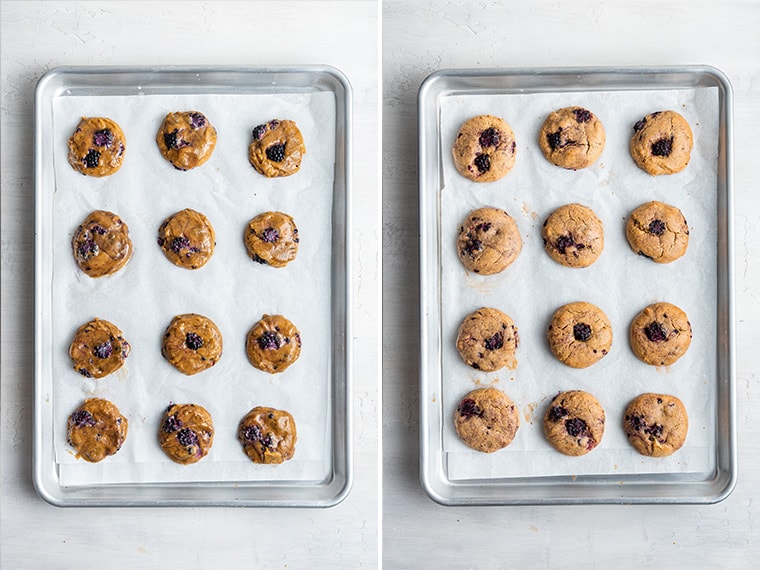 Side-by-side photos of blackberry cookies before and after baking