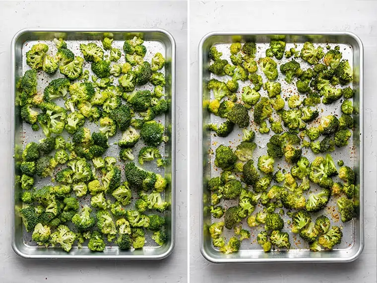 Baking sheets of broccoli before and after being roasted