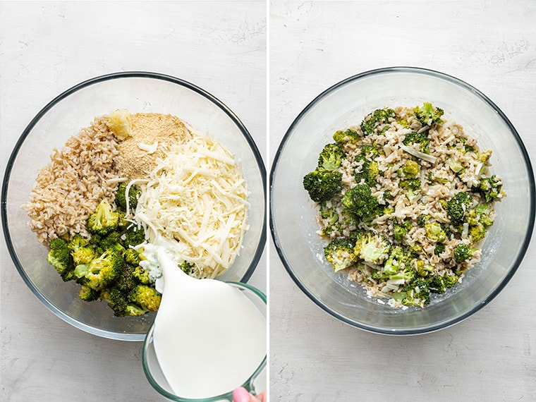 This lightened up broccoli casserole is a healthy take on a classic recipe, and works perfectly as a side dish or as an entree. Broccoli casserole ingredients in a bowl