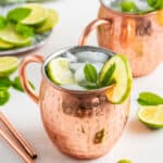 Two copper mugs of Mexican mule cocktail