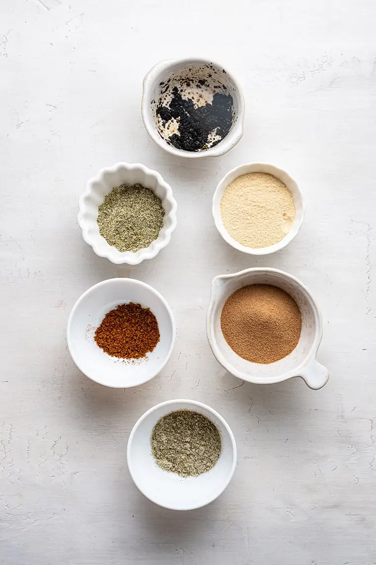Overhead view of popcorn seasoning ingredients
