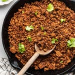 Overhead view of quinoa and lentil taco meat in skillet