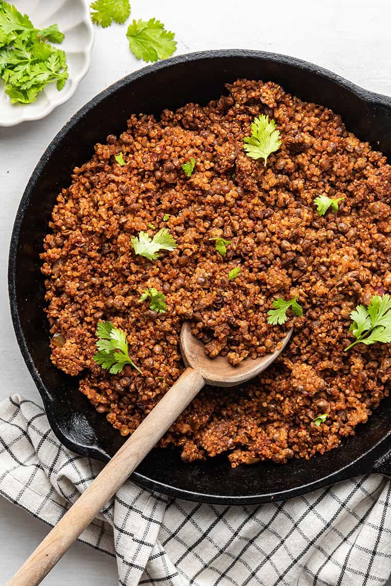 Overhead view of quinoa and lentil taco meat in skillet