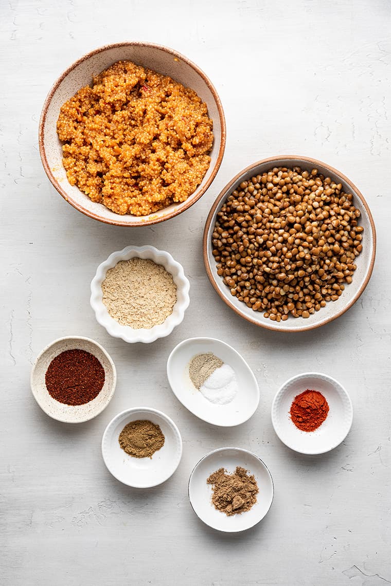 This easy vegan taco meat is made with lentils and quinoa. Unbelievably delicious, super healthy, and ideal for meal prep! Overhead view of ingredients for vegan taco meat made with quinoa and lentils