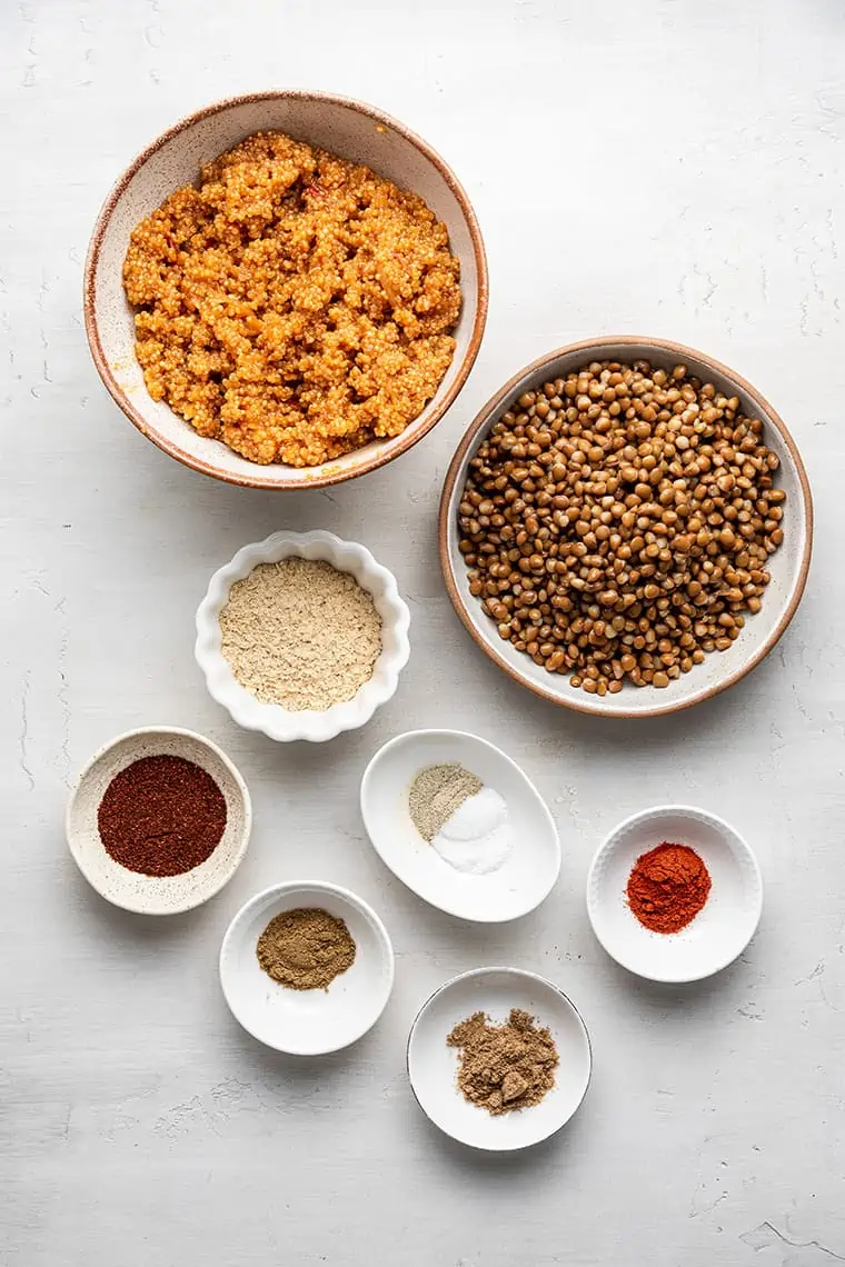 Overhead view of ingredients for vegan taco meat made with quinoa and lentils
