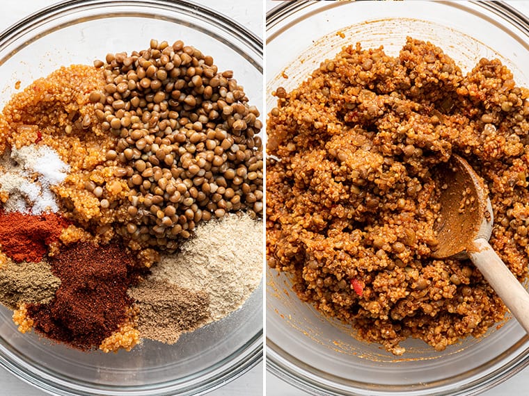 This easy vegan taco meat is made with lentils and quinoa. Unbelievably delicious, super healthy, and ideal for meal prep! Side-by-side photos showing vegan taco filling being mixed in glass bowl