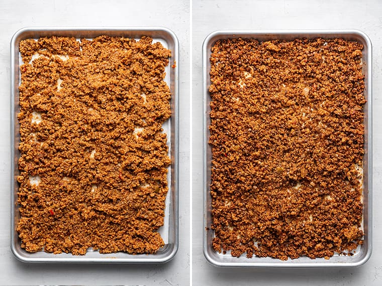 This easy vegan taco meat is made with lentils and quinoa. Unbelievably delicious, super healthy, and ideal for meal prep! Side-by-side photos of vegan taco filling before and after baking
