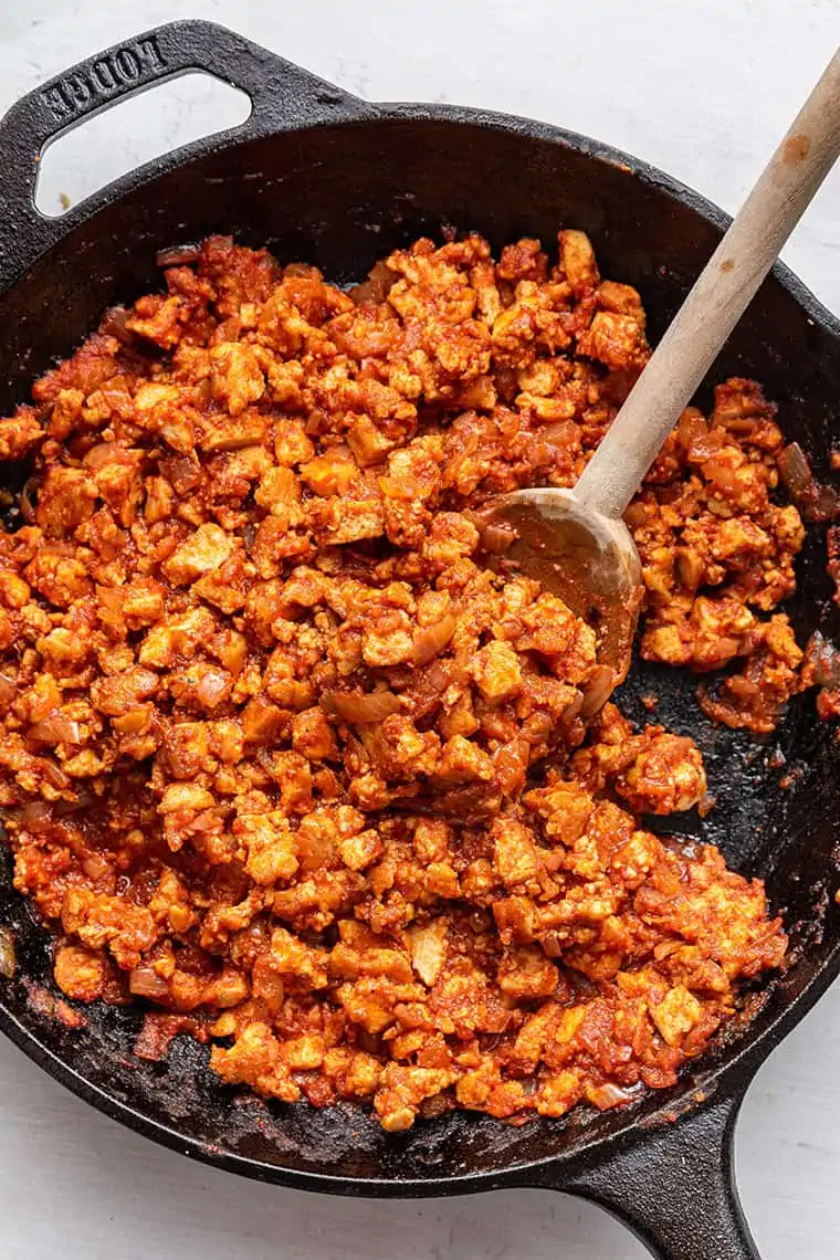 Overhead view of sofritas in cast iron skillet