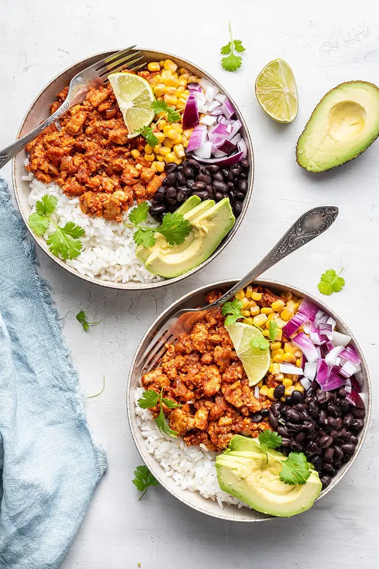 Overhead view of two sofritas burrito bowls
