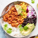 Overhead view of burrito bowl with sofritas