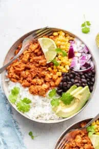 Overhead view of burrito bowl with sofritas