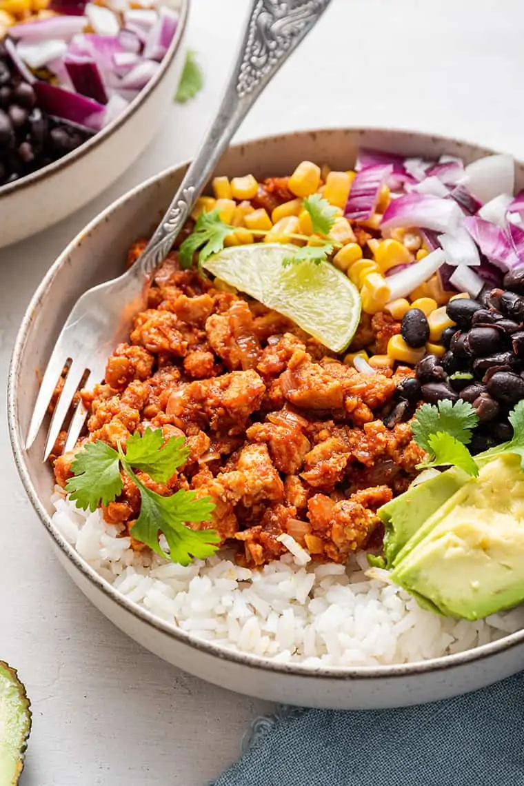 Burrito bowl topped with sofritas