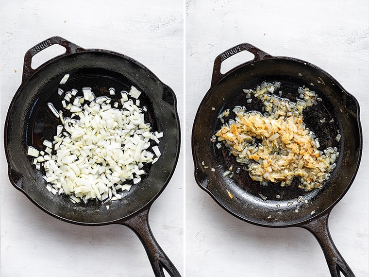 Side-by-side photos showing raw and cooked onion in skillet