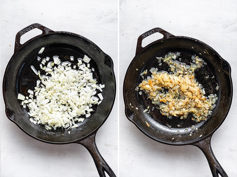 If you always order the vegan sofritas from Chipotle, you're going to love this recipe for making smoky, flavorful tofu sofritas at home! Side-by-side photos showing raw and cooked onion in skillet