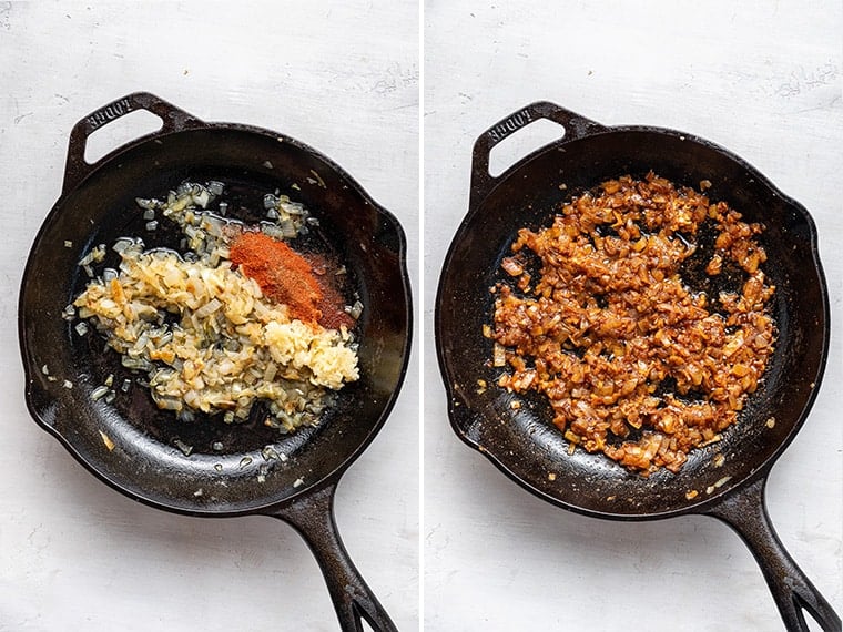 Side-by-side photos showing cooking aromatics in skillet for sofritas
