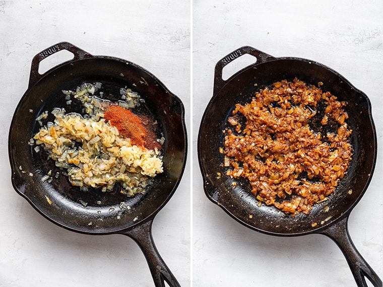 If you always order the vegan sofritas from Chipotle, you're going to love this recipe for making smoky, flavorful tofu sofritas at home! Side-by-side photos showing cooking aromatics in skillet for sofritas