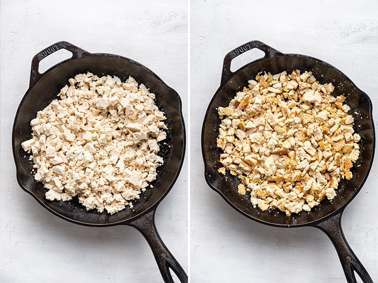 If you always order the vegan sofritas from Chipotle, you're going to love this recipe for making smoky, flavorful tofu sofritas at home! Side-by-side photos showing process of browning tofu for sofritas