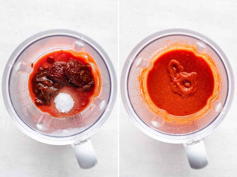 Side-by-side photos showing process of making sofrito