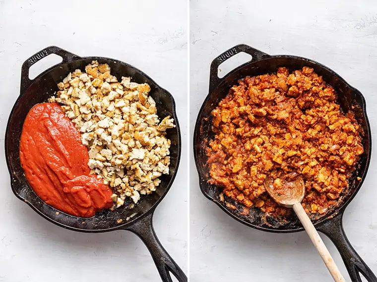 Side-by-side photos showing process of making sofritas