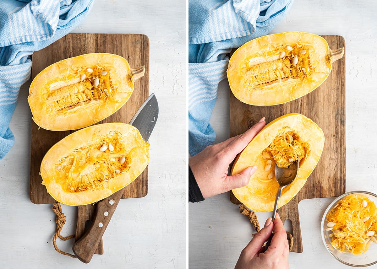 Side-by-side of an uncooked spaghetti squash cut in half, on a cutting board, with a knife, next to an uncooked spaghetti squash, cut in half, on a cutting board, with a hand scooping out the seeds with a spoon