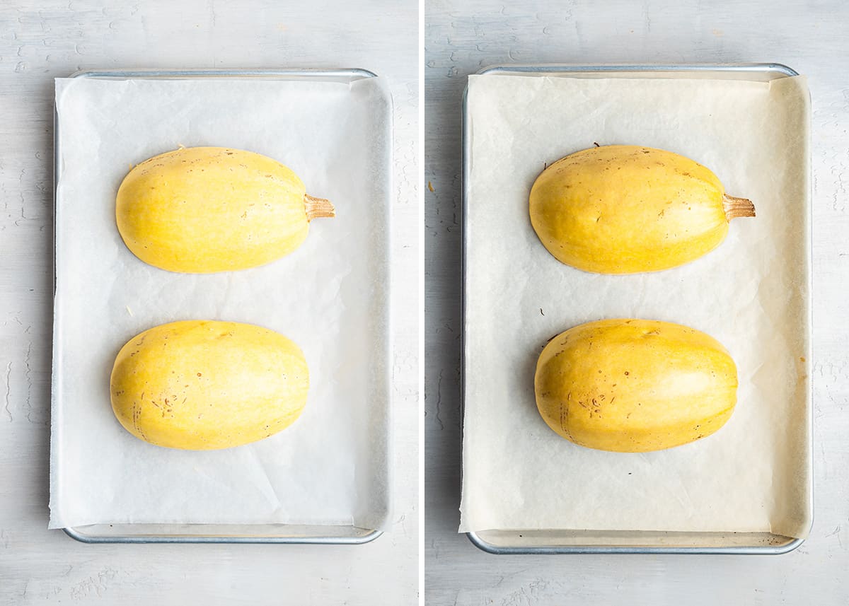 Side by side of an uncooked spaghetti squash, cut in half, face down on a baking tray with parchment paper, and a cooked spaghetti squash, cut in half, face down on a baking tray with parchment paper