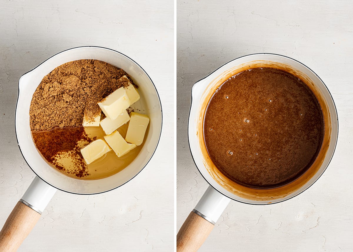 Side by side with butter, sugar, and agave in a saucepan, and those ingredients melted together in a saucepan
