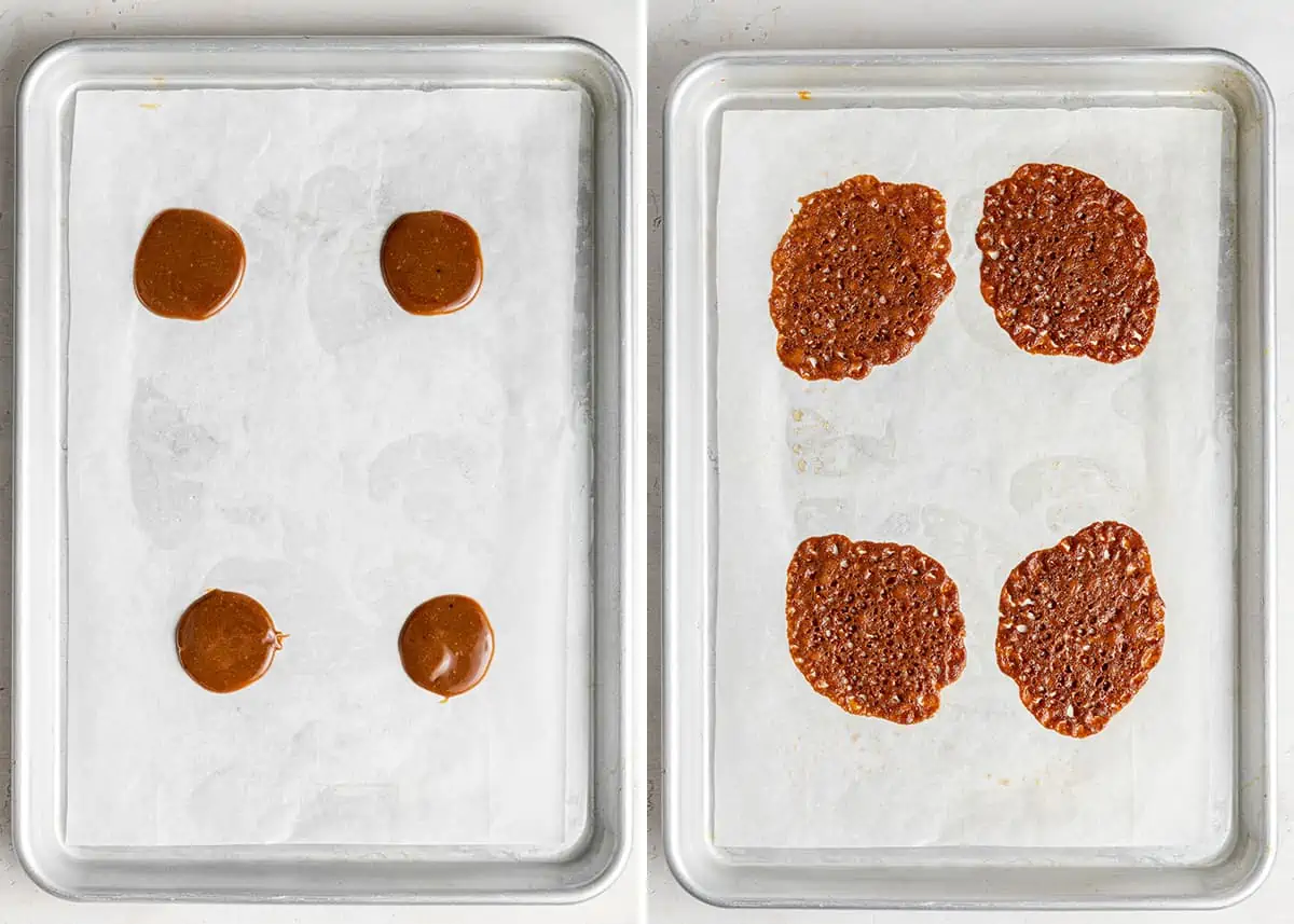 Side by side of a baking sheet lined with parchment paper, with four uncooked cookies, and a lined baking sheet with four baked cookies