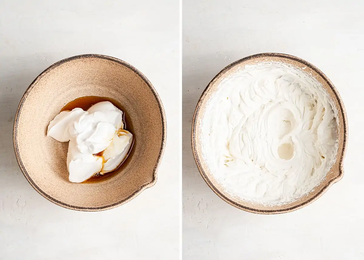 Side by side of a mixing bowl filled with coconut cream, agave, and vanilla, and a mixing bowl with those ingredients well mixed in it