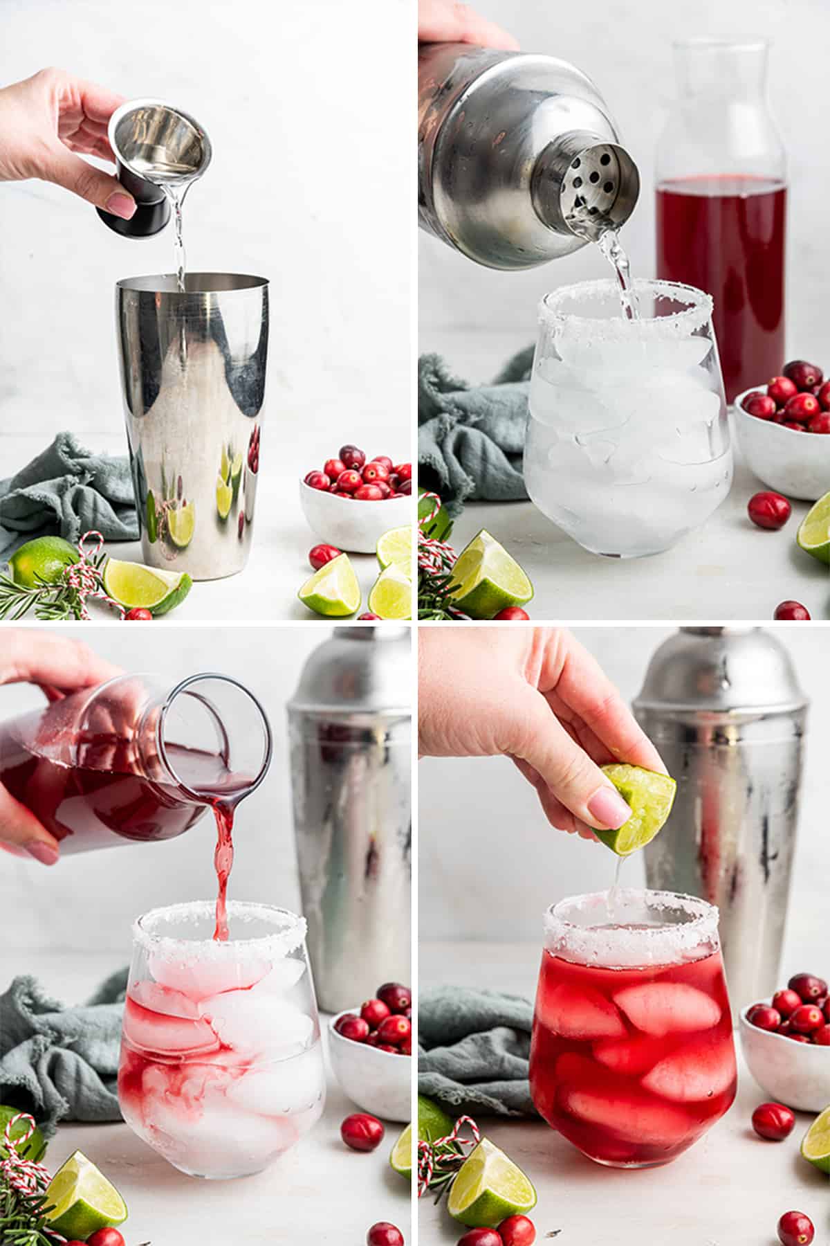 Four pictures: the first of a shot glass pouring tequila into a shaker; the second of a shaker pouring tequila and triple sec into a glass with a salt rim, filled with ice; the third pouring a glass of cranberry juice into a glass filled with ice, tequila, and triple sec; and the fourth a hand squeezing a lime into a cranberry margarita.