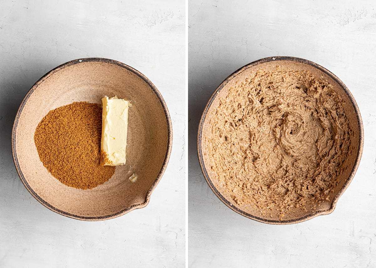 A side by side of a mixing bowl with coconut sugar and a stick of vegan butter, next to a mixing bowl with those ingredients beaten together