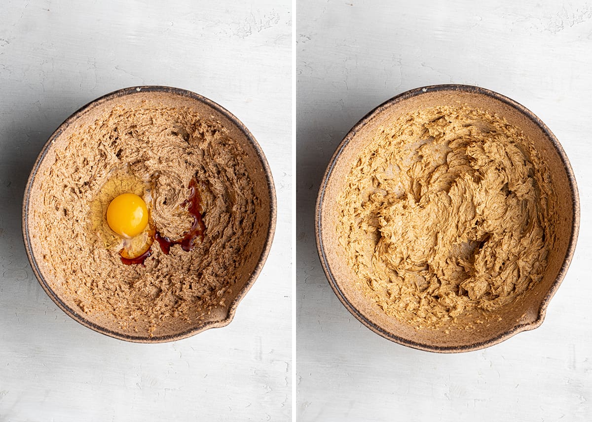 A side by side with a mixing bowl of coconut sugar and vegan butter beaten together, with an egg and vanilla extract on top, next to a mixing bowl with all of those ingredients beaten together