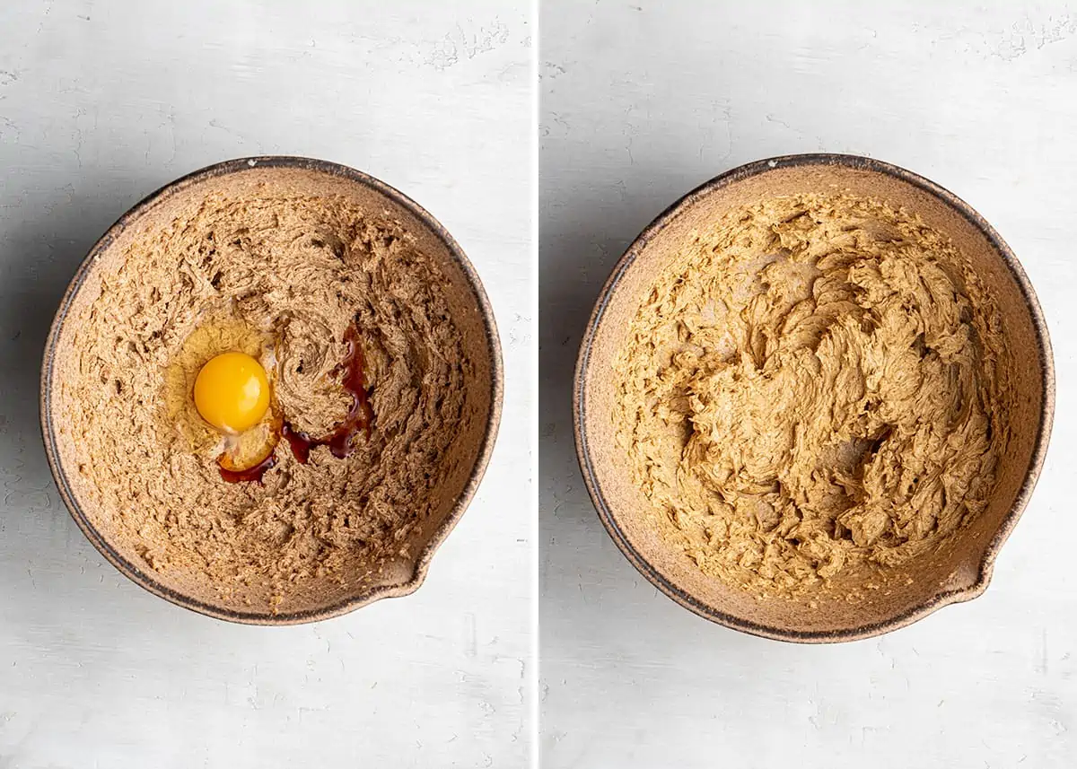 A side by side with a mixing bowl of coconut sugar and vegan butter beaten together, with an egg and vanilla extract on top, next to a mixing bowl with all of those ingredients beaten together