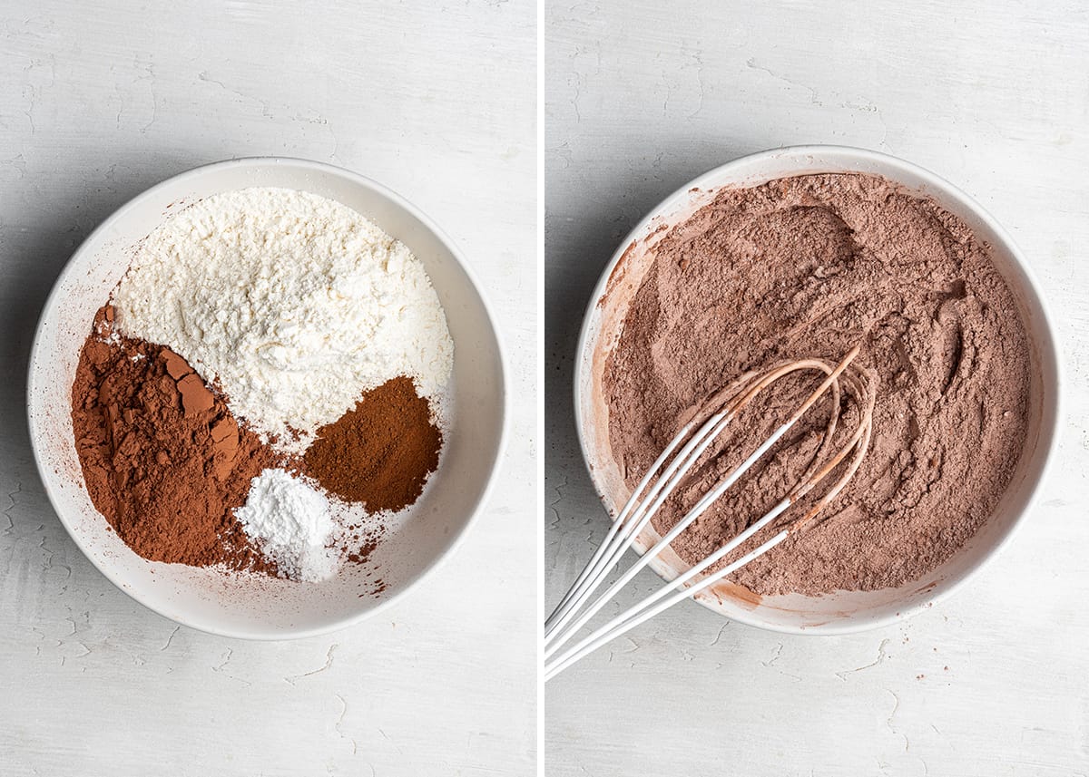 Side by side with a mixing bowl with flour, cocoa powder, espresso powder, baking powder, baking soda, and salt, next to a mixing bowl with all of those ingredients mixed together, with a whisk in the bowl