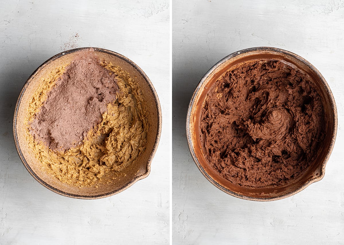 Side by side with a mixing bowl filled with an egg, sugar, and vegan butter mixture, with some flour, cocoa powder, and espresso powder mixture on top, next to a mixing bowl with all of those ingredients combined