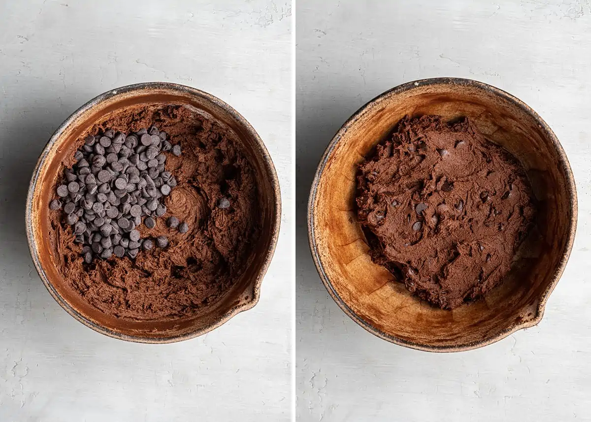 Side by side with a mixing bowl with espresso cookie dough, with chocolate chips on top, next to a mixing bowl of the cookie dough with the chocolate chips mixed in