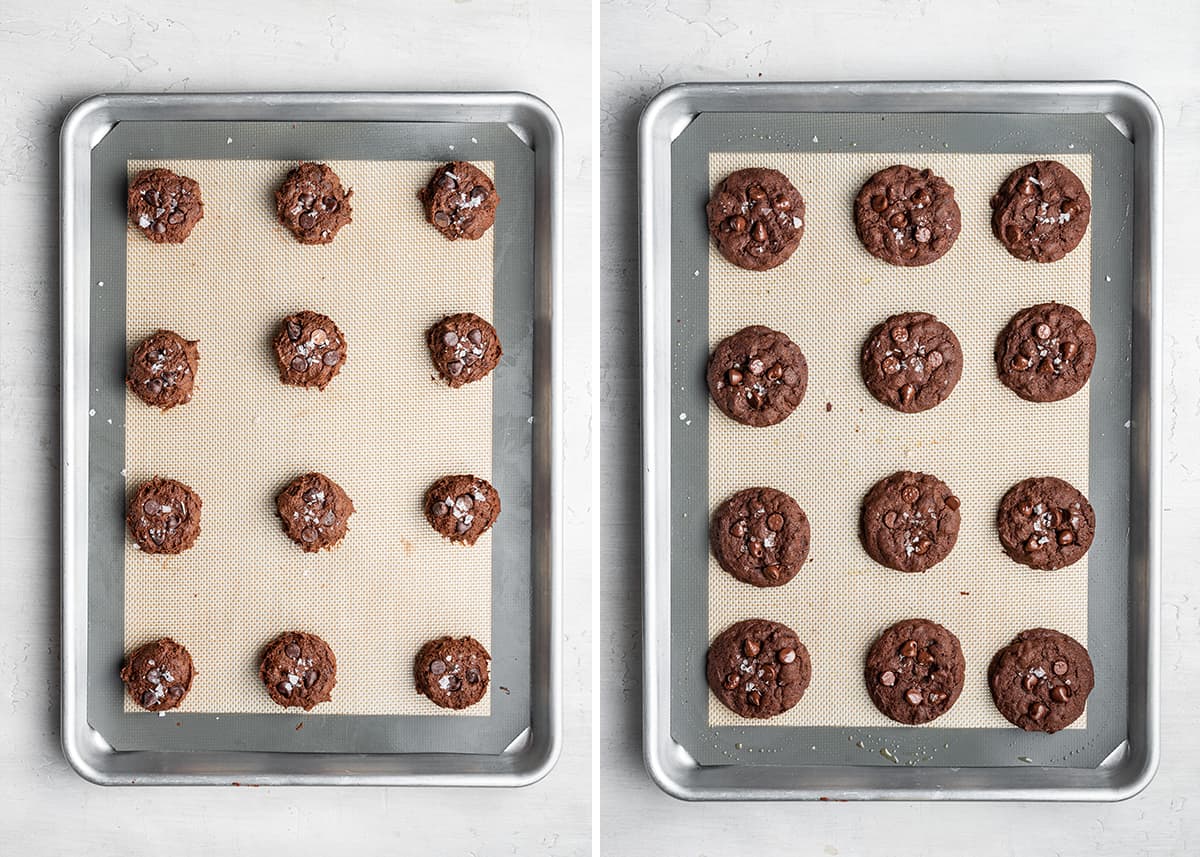 Side by side of a baking sheet with a silpat on it, with nine uncooked espresso cookies on it, next to a baking sheet with a silpat and nine fully cookie espresso cookies on it