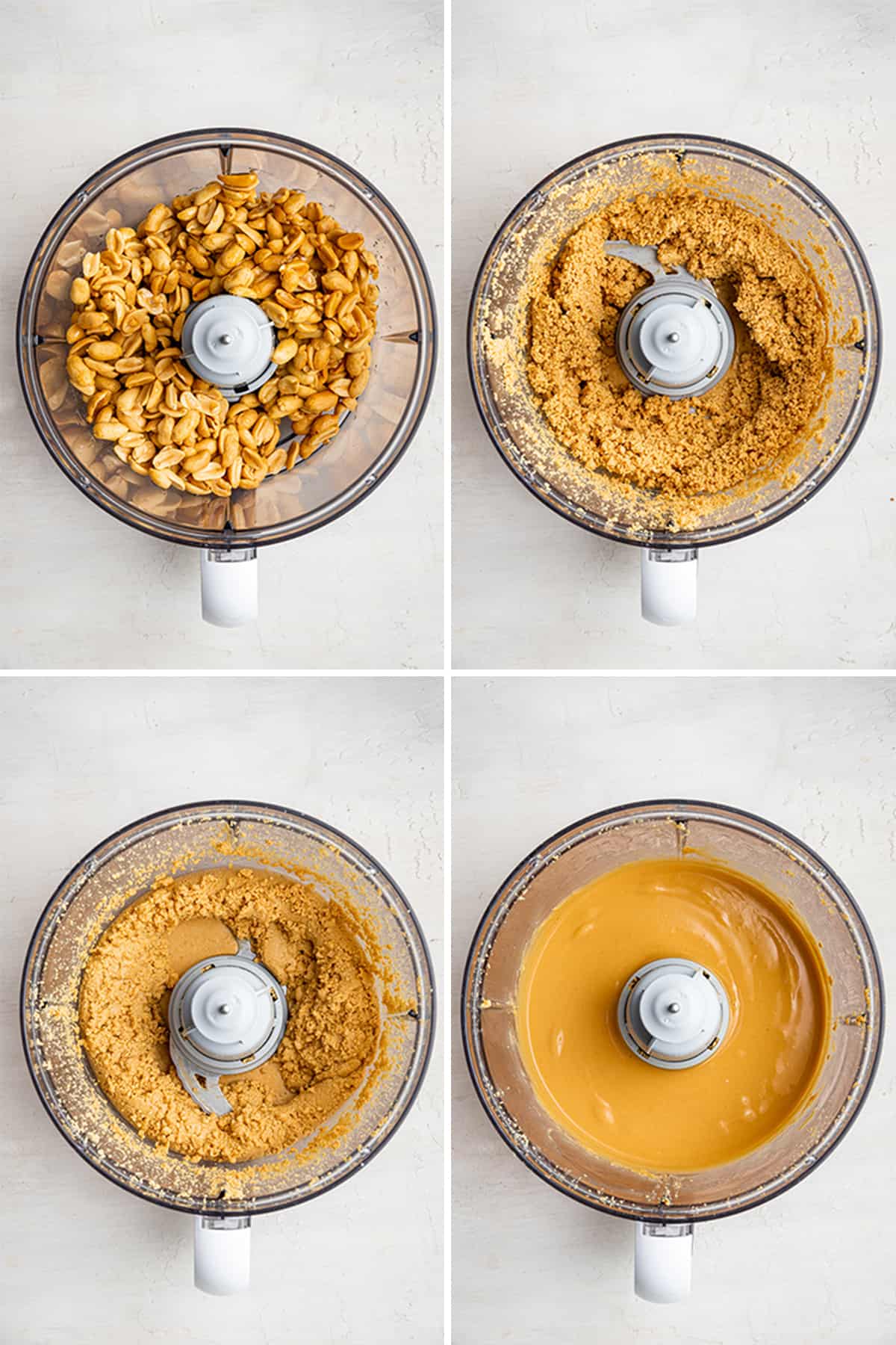 Um processador de alimentos cheio de amendoim torrado com mel em quatro estágios de mistura diferentes: sem mistura, mistura grossa, suave, mas com alguns pedaços e cremoso