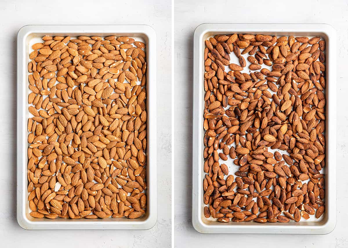 A side by side with a baking tray full of uncooked almonds next to a baking tray full of toasted almonds