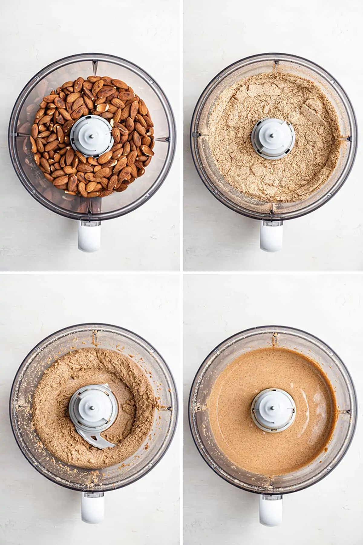 Four pictures: whole almonds in a food processor, then partially blended almonds in a food processor, then almonds blended to a paste in a food processor, then almonds blended into a smooth butter in a food processor