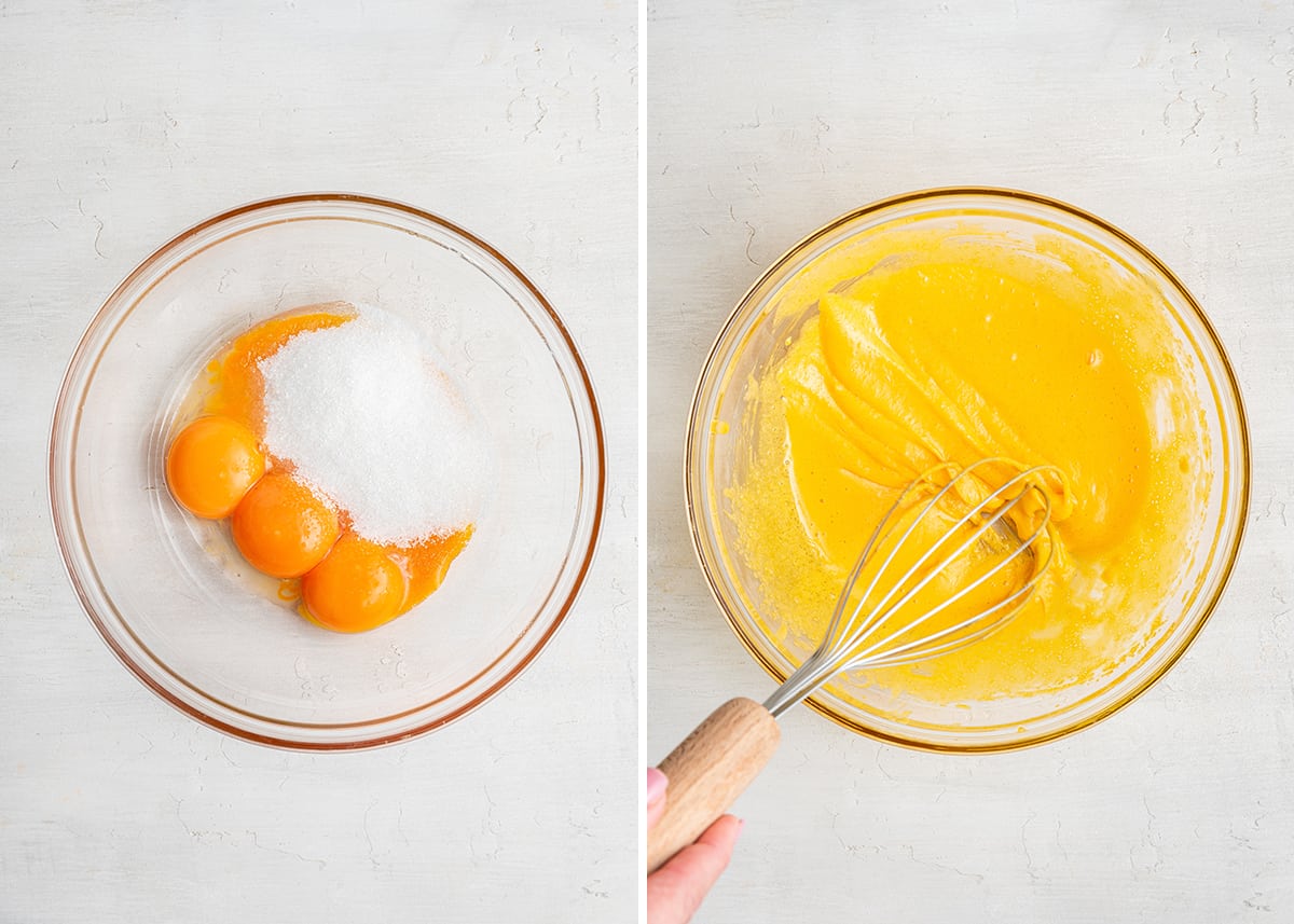 A side by side with a mixing bowl filled with sugar and egg yolks, and a mixing bowl with sugar beaten into egg yolks, with a hand whisking