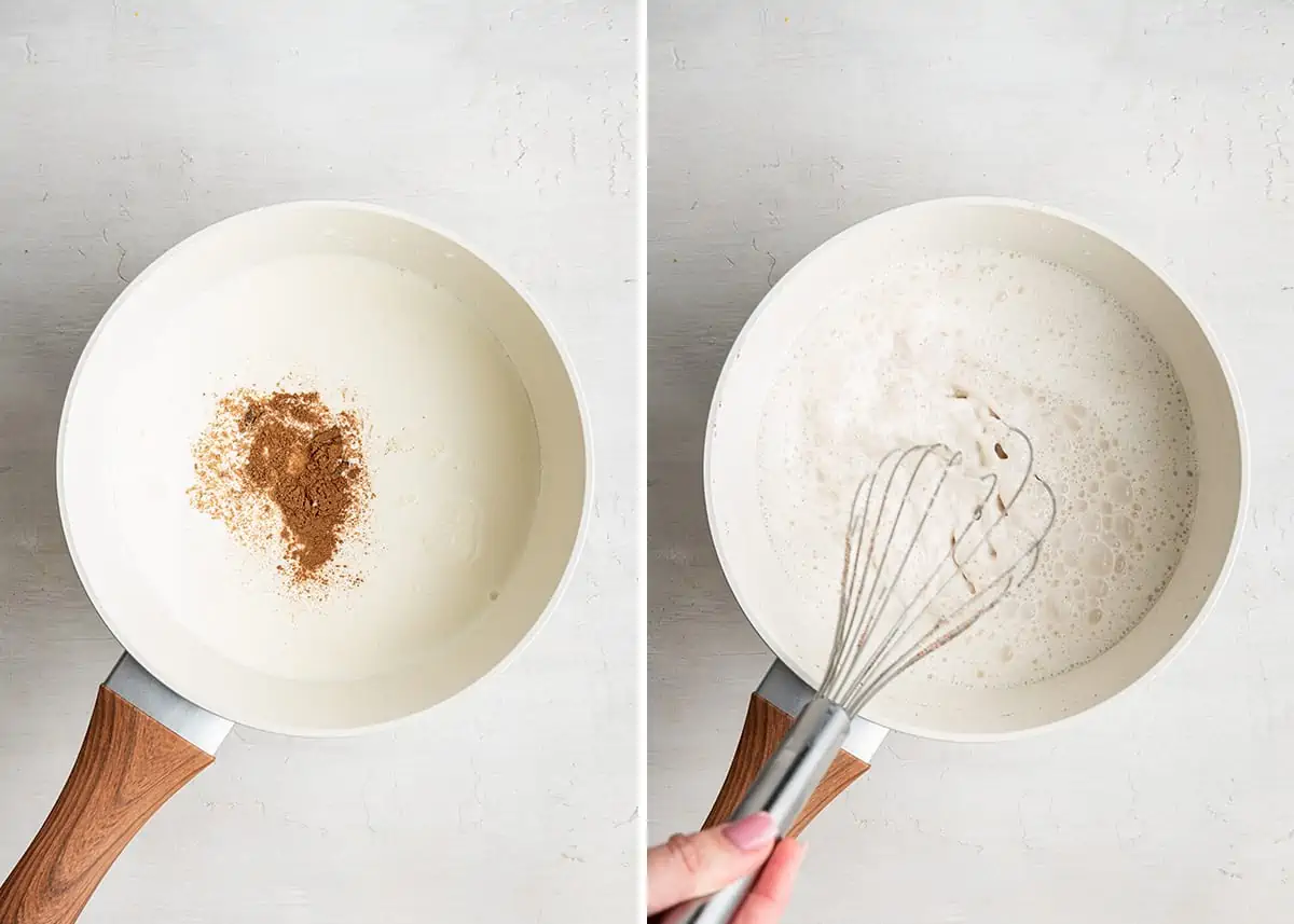 Side by side of milk and whipping cream in a saucepan, with spices on top, and the spices mixed into the milk and whipping cream, with a hand whisking