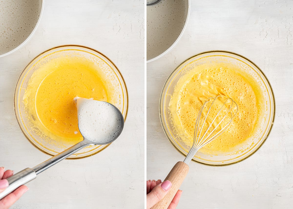 Side by side of a ladle pouring hot milk and cream into a mixing bowl of egg yolks and sugar, and a hand whisking the mixture
