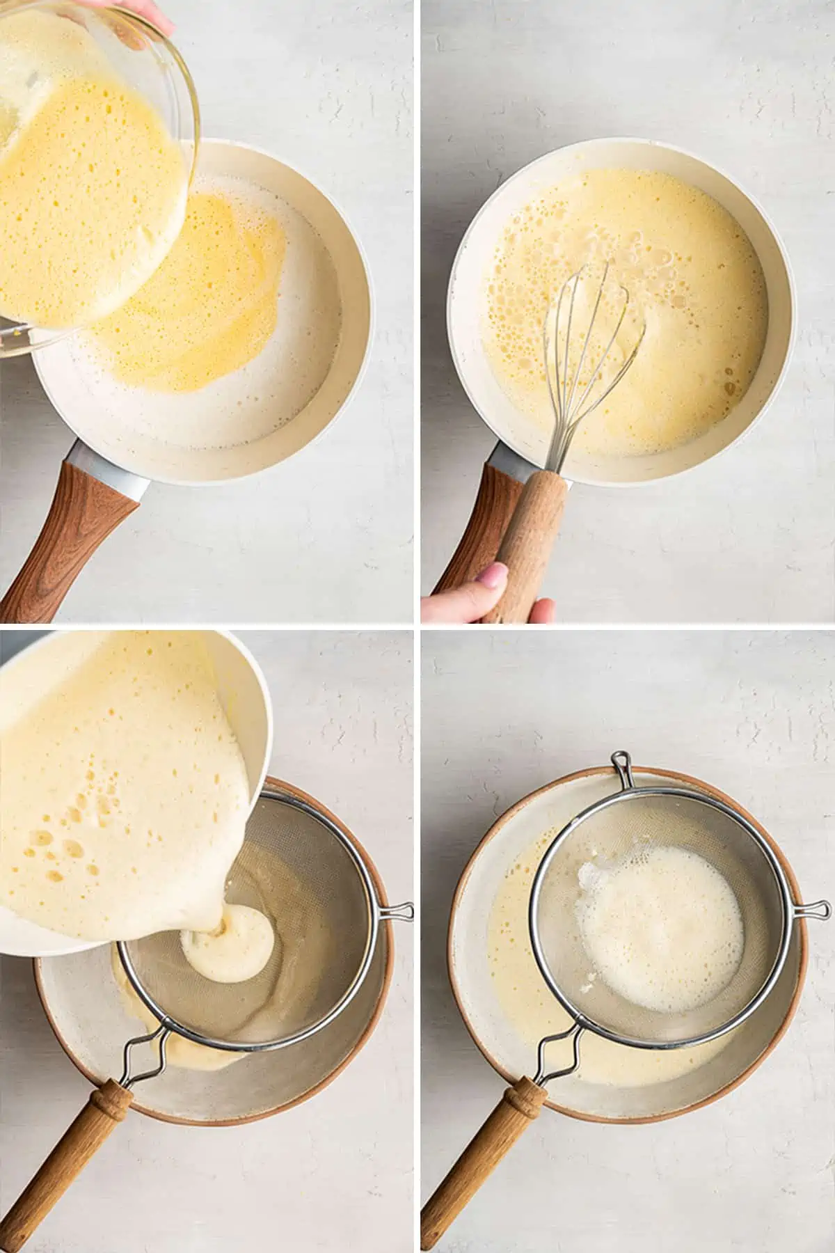 Four pictures: first, tempered egg yolks and sugar being poured into a saucepan with hot milk and cream; second, a hand whisking that mixture in the saucepan; third, the mixture being poured through a sieve into a bowl; and fourth, the bowl full of eggnog, with the sieve on top of the bowl